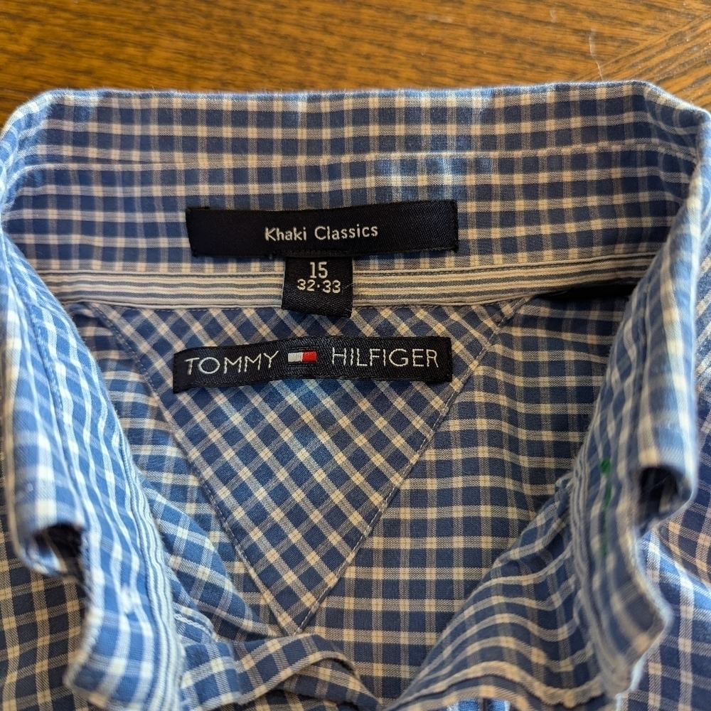 Tommy Hilfiger Navy Checkered Button Down Shirt Men's Long Sleeve Size 15 - Picture 3 of 4